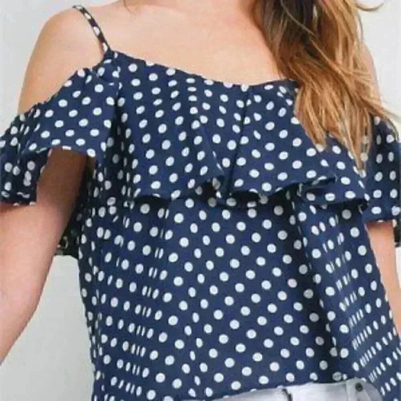 NAVY POLKA-DOT COLD SHOULDER BLOUSE - Picture 2 of 4